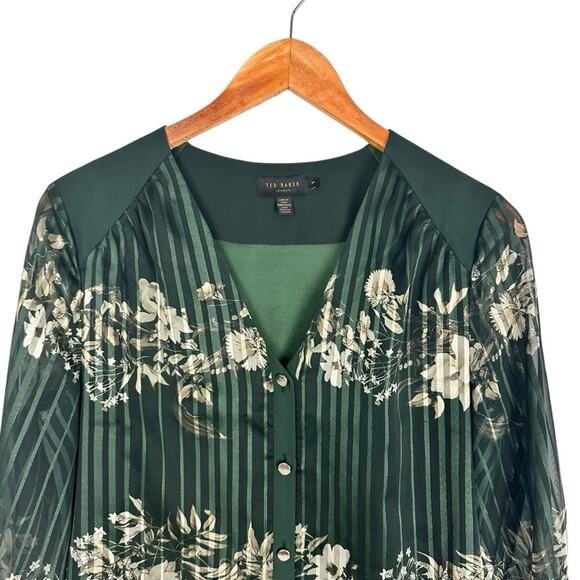 Ted Baker Evelin Floral Print Metallic Crepe Long Sheer Sleeve Green Blouse Sz 4 - Picture 8 of 15